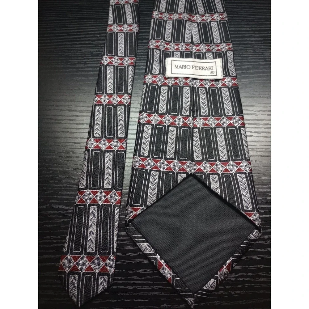Mario Ferrari Silk Tie Geometric Black Gray Red Pattern‎ 4